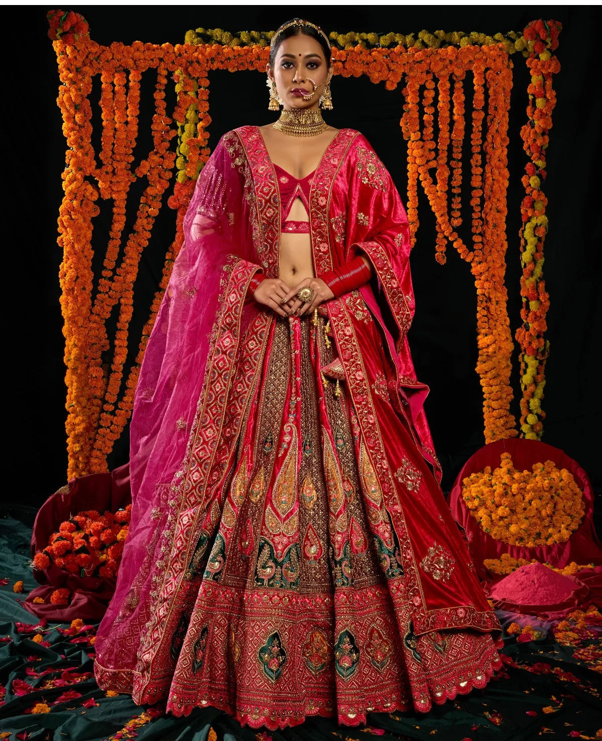 Astonishing peacock maroon pink double duptta bridal Lehenga