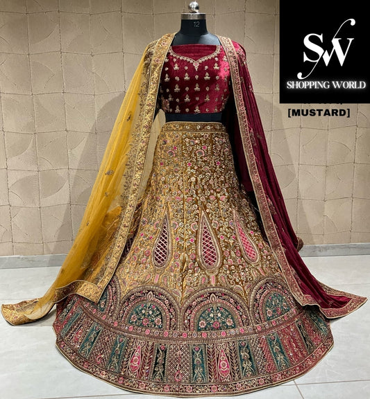 Impresionante lehenga nupcial con doble duptta en mostaza