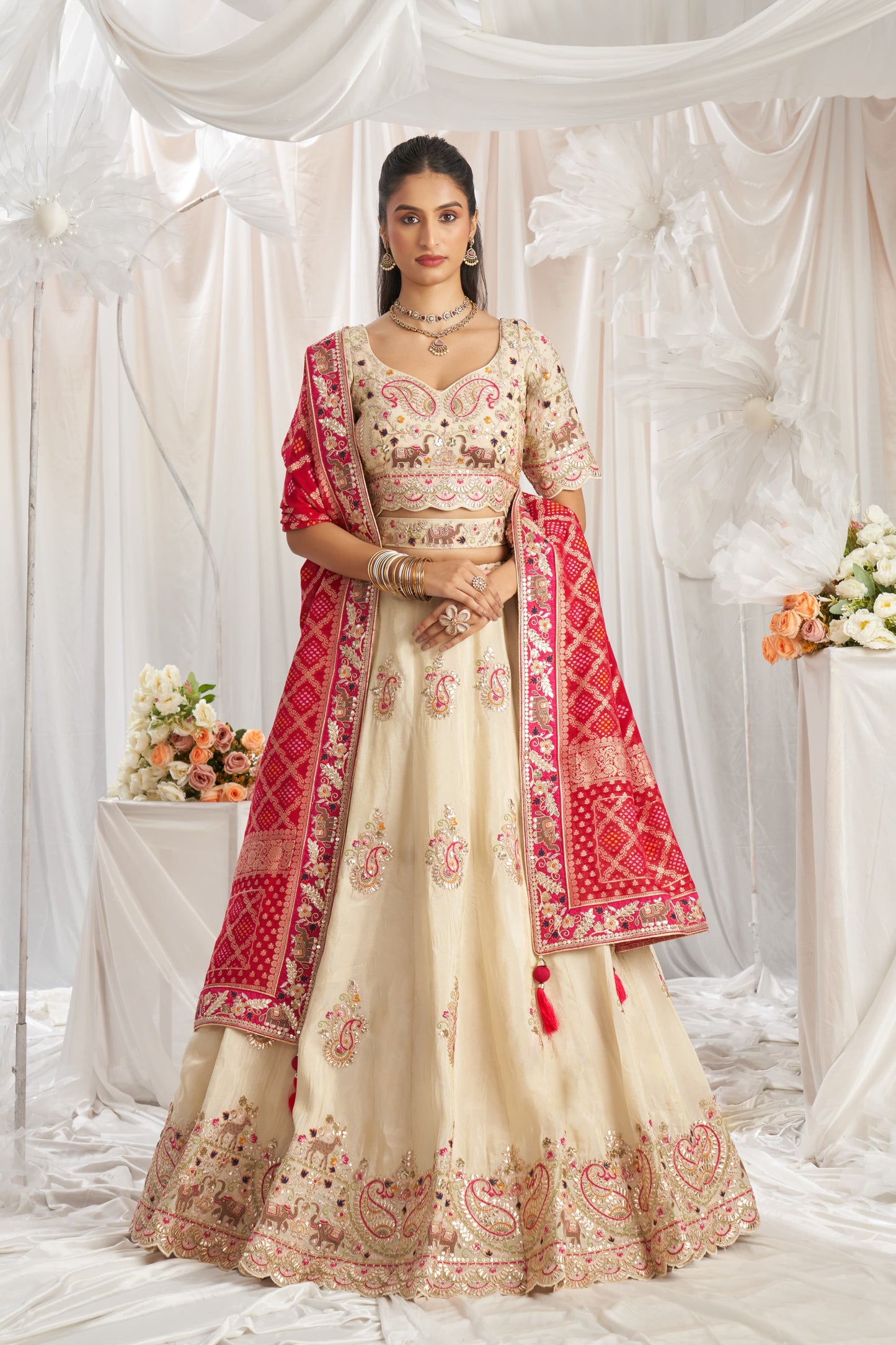 Royal white Red dupatta Lehenga