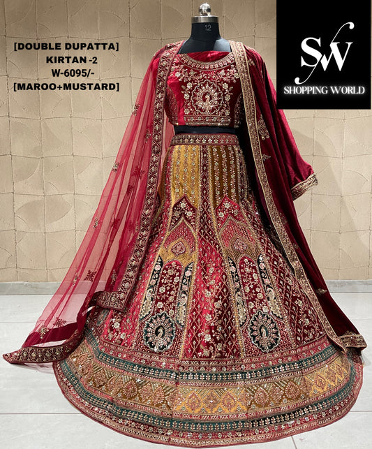 Lehenga nupcial con doble duptta en mostaza y granate agradable