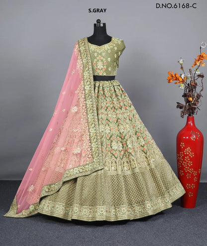 Tremendous olive green double duptta bridal Lehenga