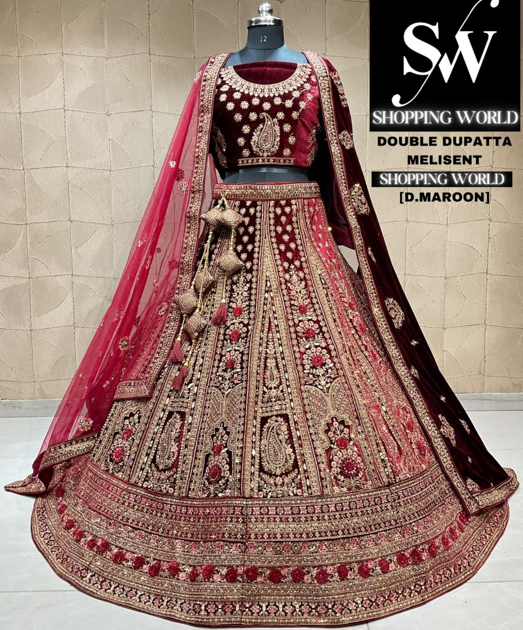 Something different dark maroon double duptta bridal lehenga