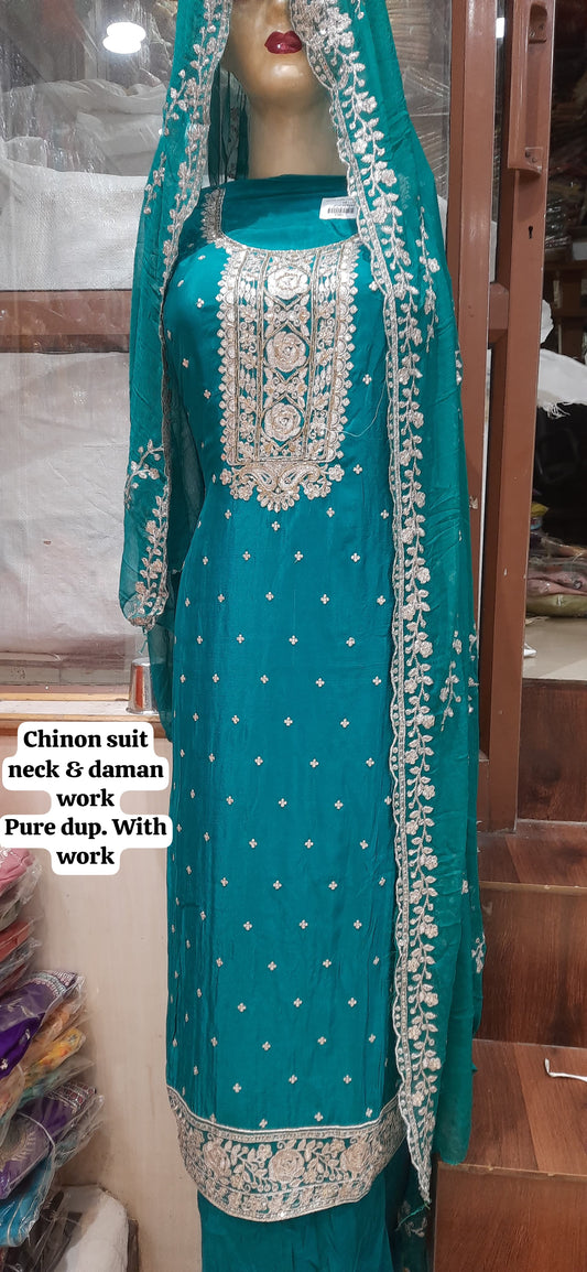 Delightful chinon turquoise unstitched Salwar suits dress material (free size)