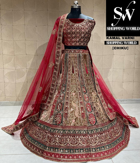 Deliciosa lehenga nupcial Chiku color granate