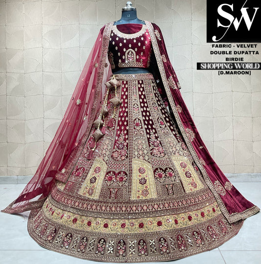 Lehenga nupcial de estilo glamoroso, de color granate oscuro y con doble dupatta