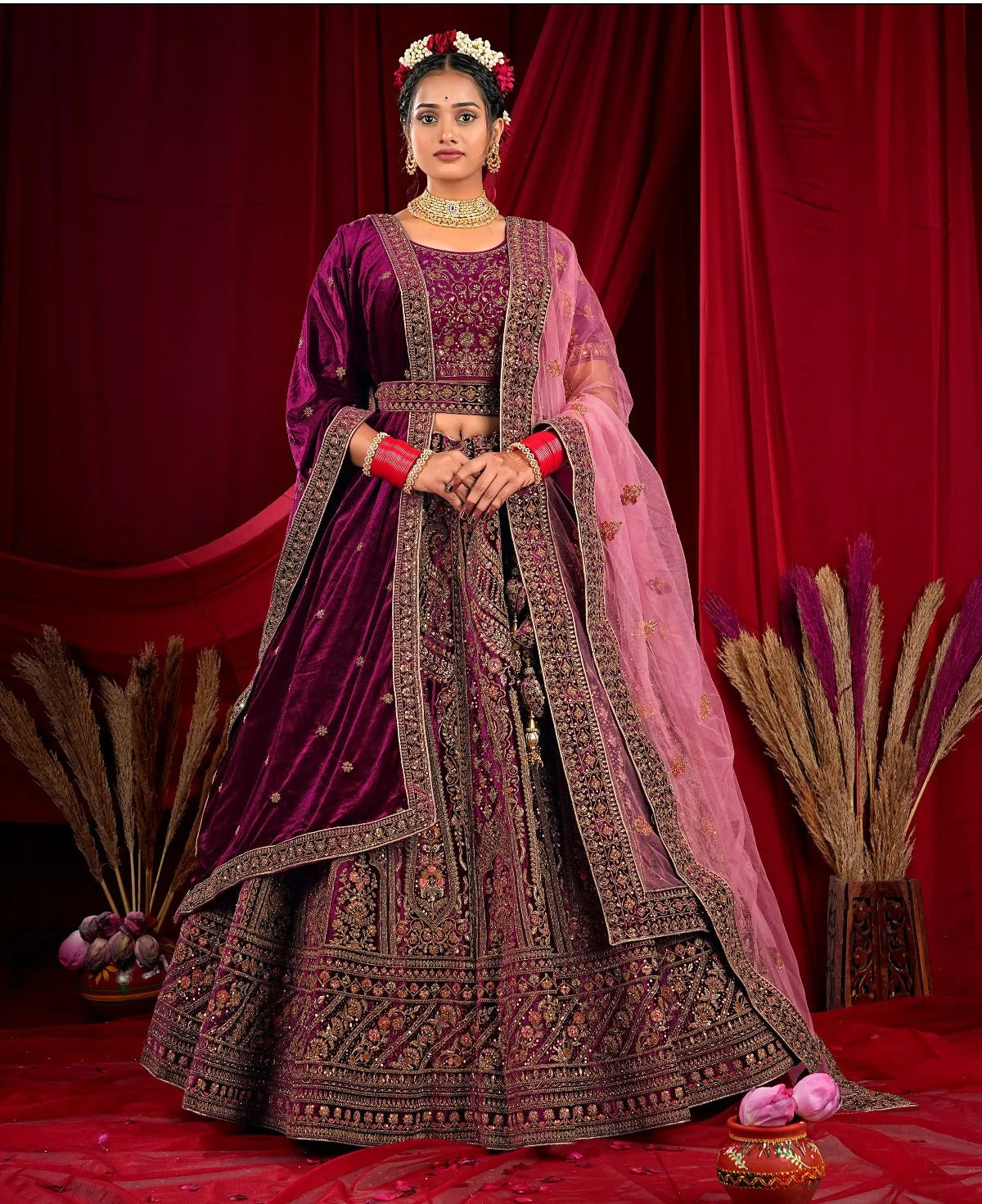 Awesome wine maroon double duptta bridal Lehenga