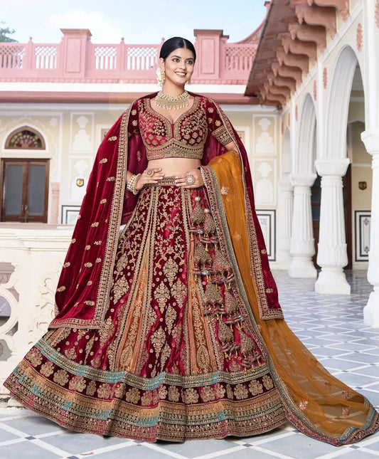 Atractiva lehenga de novia de dos piezas en color mostaza granate