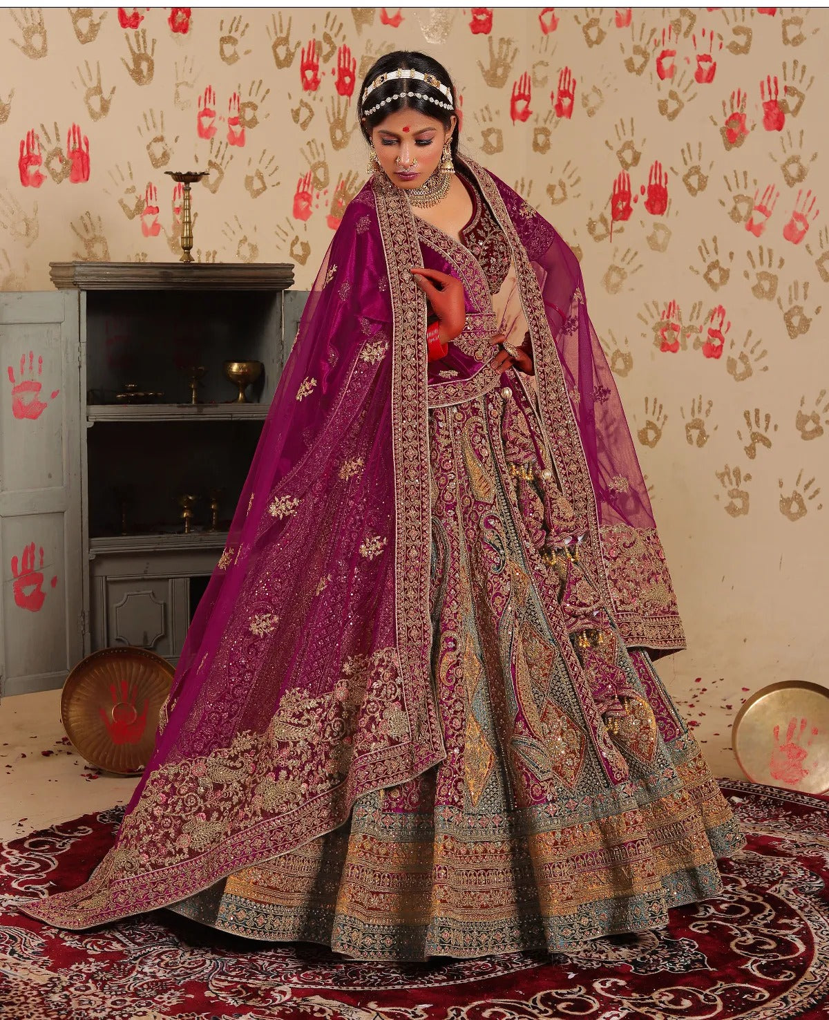 Beautiful peacock maroon green  double duptta bridal Lehenga