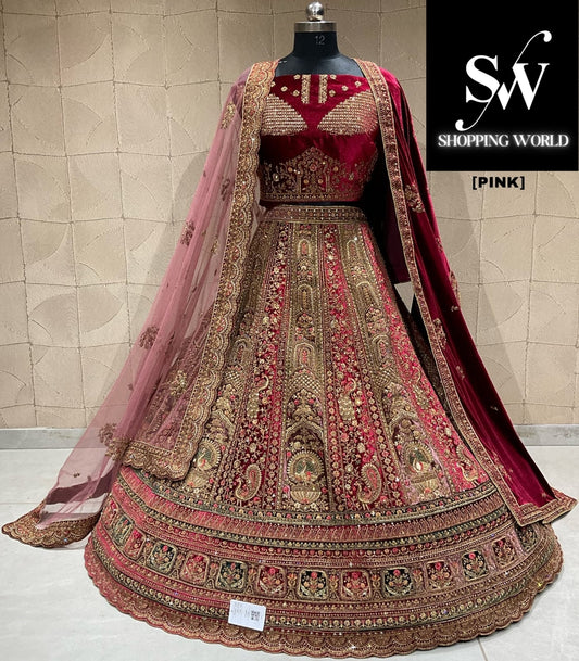 Elegante lehenga de novia de doble capa en color rosa pavo real