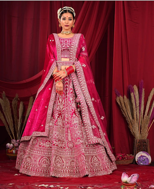 Increíble lehenga nupcial de duptta doble roja