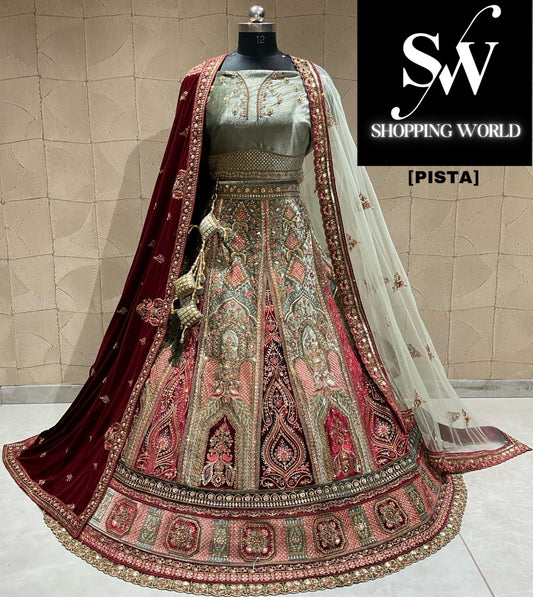 Designer pista green double duptta bridal lehenga