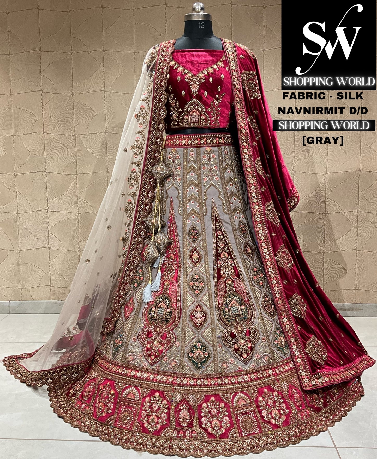 Gorgeous grey maroon bridal lehenga