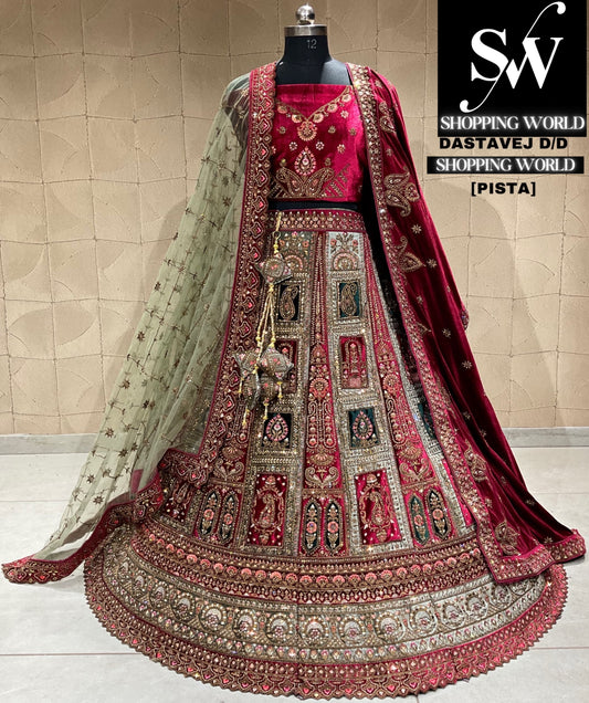 Pleasing pista green maroon bridal lehenga