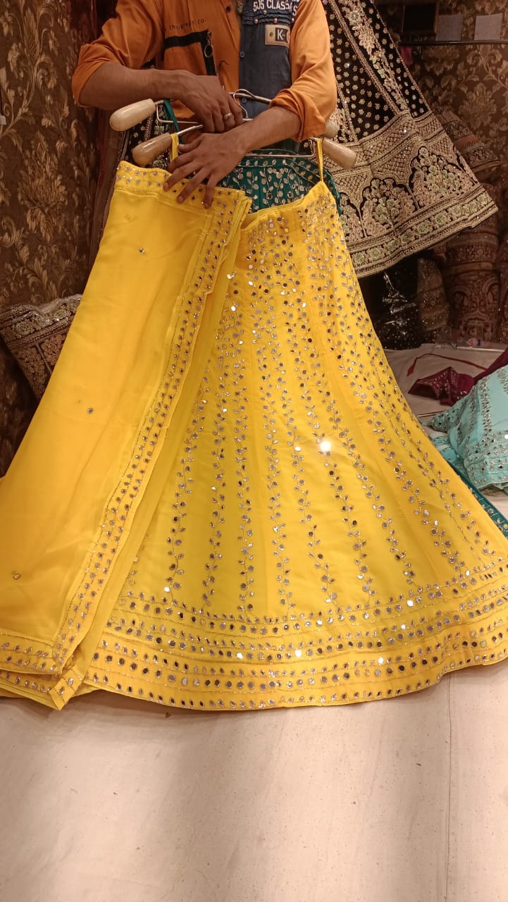 Yellow mirror work Lehenga by GKT - Shopping World