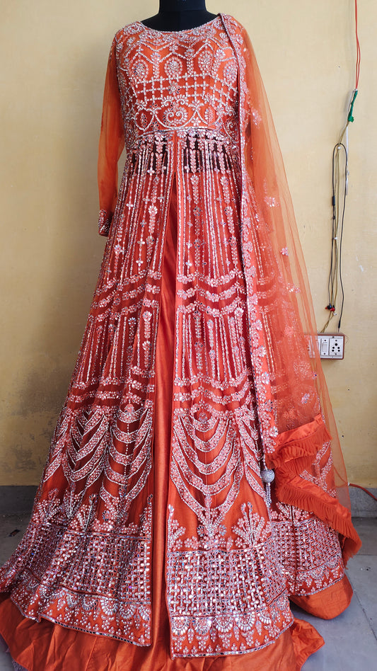 Orange Peplum long Dress Farshi Gaharara Pakistani Bridal Dress Muslim Special